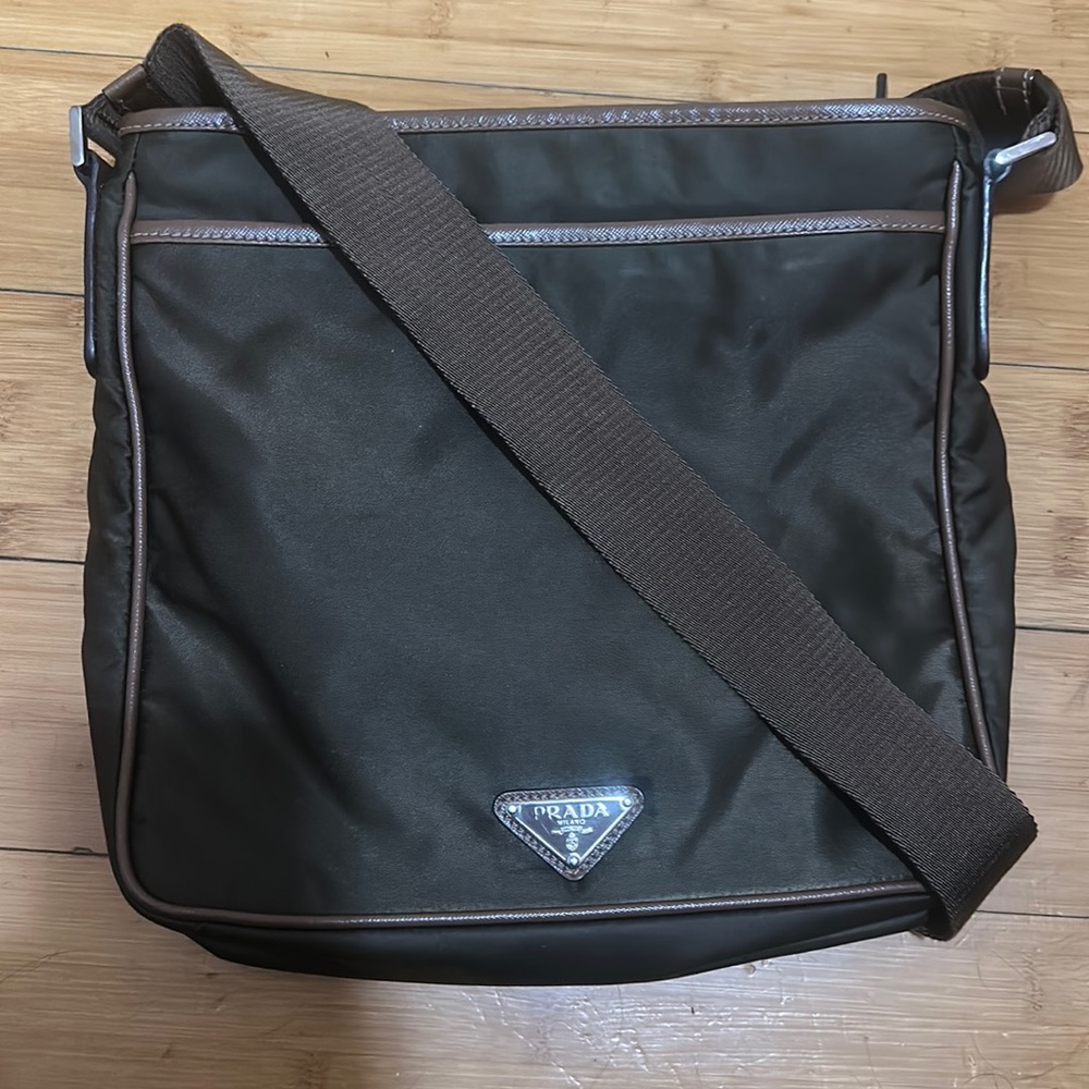 Prada Army Green Leather Trimmed Tessuto Logo Messenger Bag Adjustable Strap